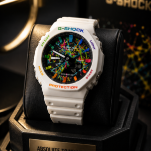 **Customized White Rugged Sports Watch – Colorful abstract Dial, Shock\-Resistant Style & Digital Display**