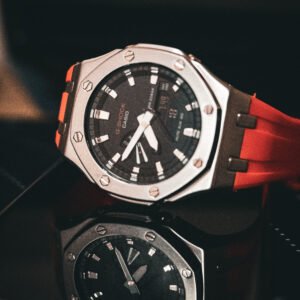 Luxury Orange Silicone Strap Analog-Digital Sports Watch – Stainless Steel Octagonal Case, Water Resistant Wristwatch for Men